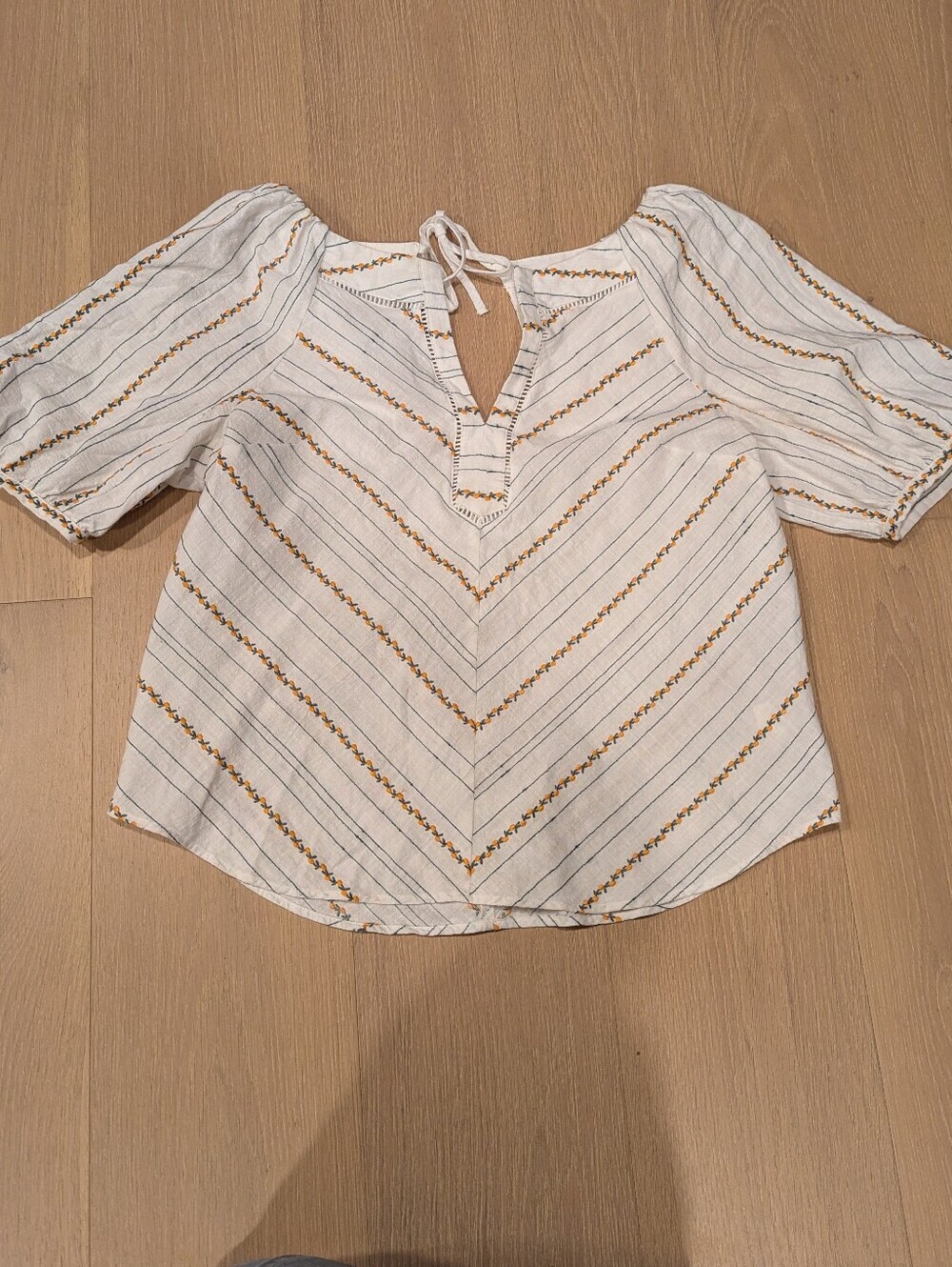 Striped Embroidered Blouse in White and Mustard